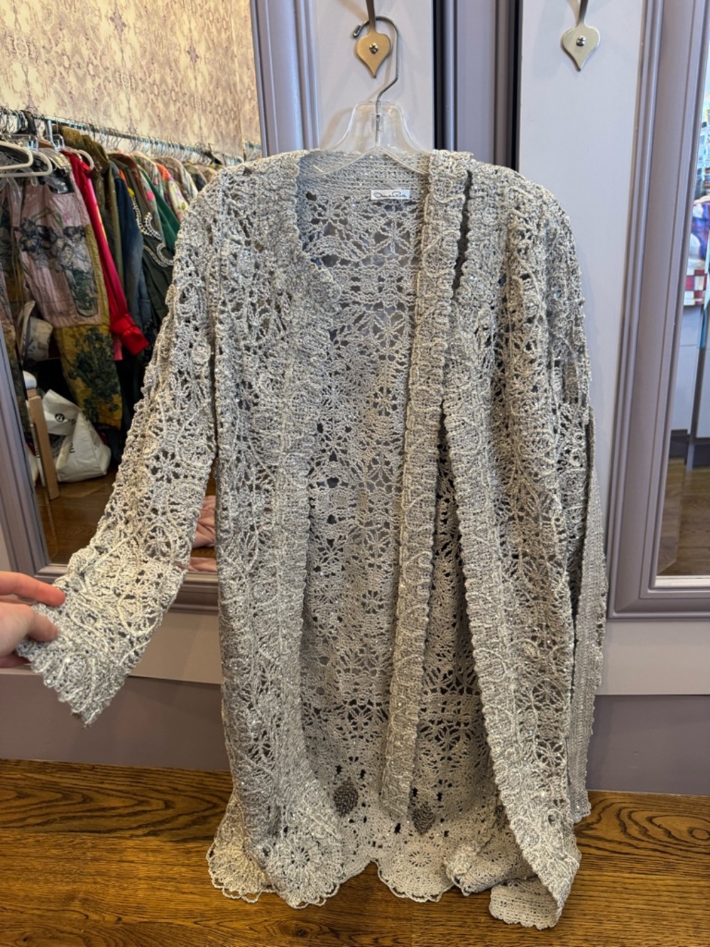 Oscar de la Renta Open Cardigan - Light Gray Floral Lace with sequins
